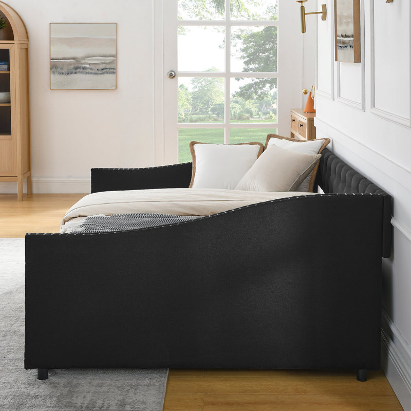 Daybed With Drawers Upholstered Tufted Sofa Bed, With Button On Back And Copper Nail On Waved Shape Arms, Full, Black