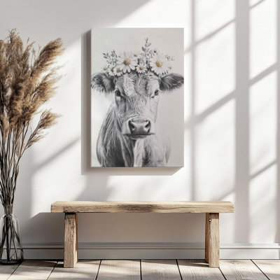1Pc Framed Canvas Poster Print Bull Head Portrait, Daisies Wreath, Realistic Sketch Style Wall Art Decor, Perfect for Room Decor Living Room Bedroom O