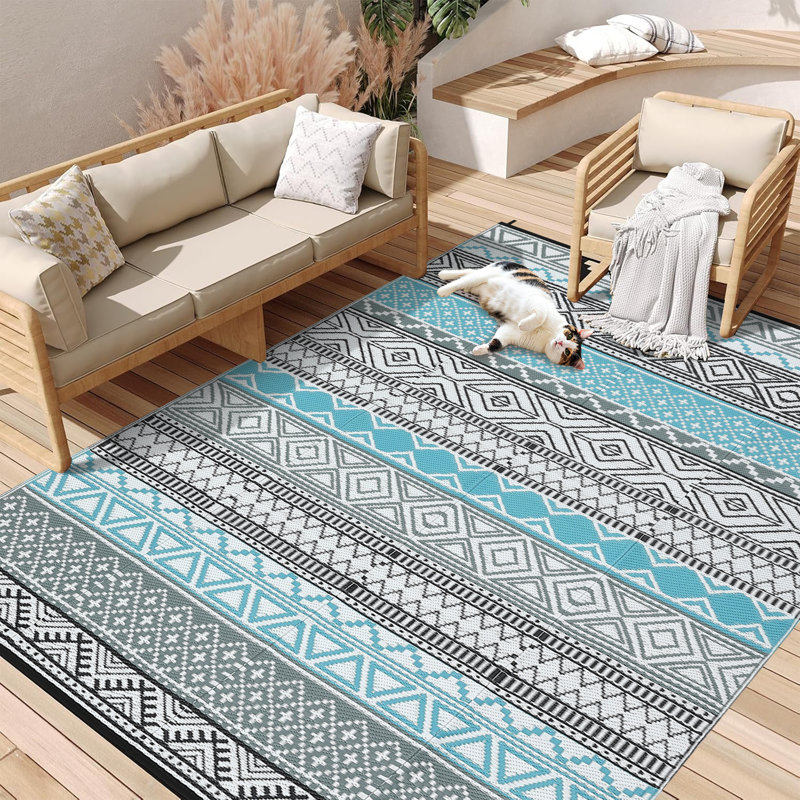 9' x 12' Reversible Outdoor Patio Rug, Waterproof Plastic Straw Weave, Foldable Lightweight Design, Easy-Clean Surface for Backyard, Deck, Camping and Beach