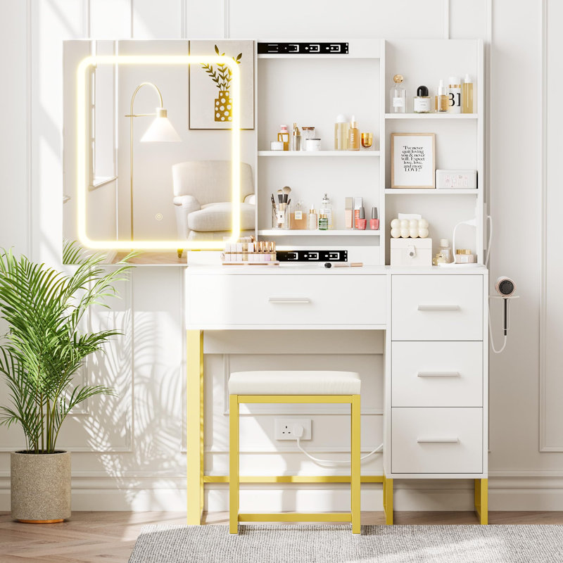 Grand meuble-lavabo de 57 po avec miroir et lumières, coiffeuse de maquillage avec station de charge, 3 modes d'éclairage, ensemble de meuble-lavabo élégant avec 4 tiroirs et tablettes, tabouret rembourré