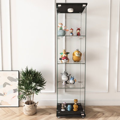 Vitrine moderne à 1 porte et 4 tablettes en verre avec éclairage DEL, étagère en verre trempé, montage rapide pour salon et chambre, noir, 159 cm (H) x 41,5 cm (L) x 37,5 cm (l), charge maximale de 20 kg par étagère.