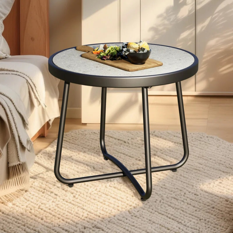 Ebern Round Outdoor Side Table, Creamy White/Black