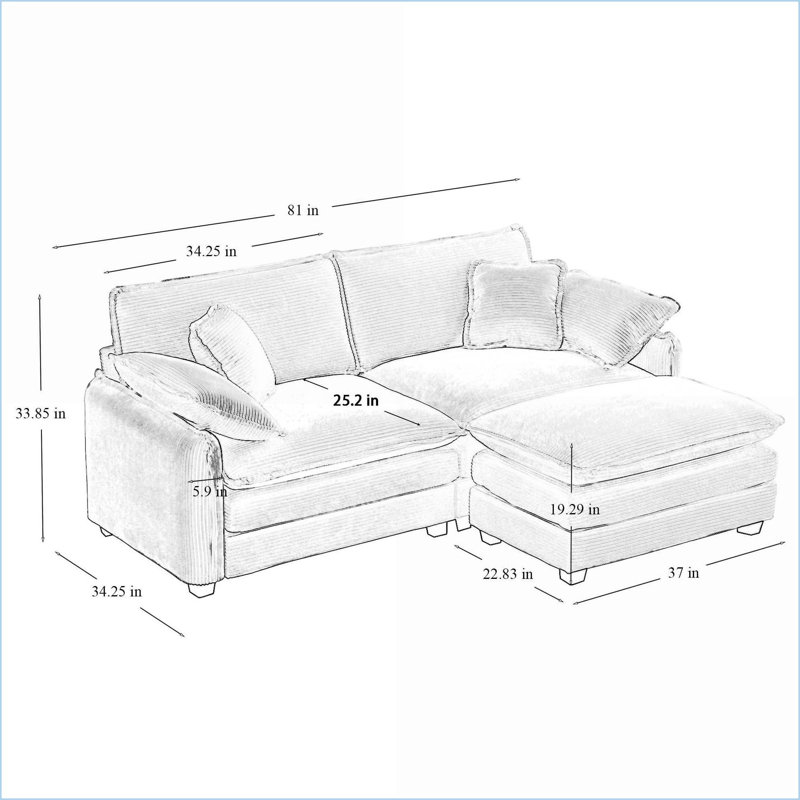 Sofas 2-Seater with Ottoman, Retro-Modern for Small Living Spaces | Sage Green | Corduroy, Green Corduroy