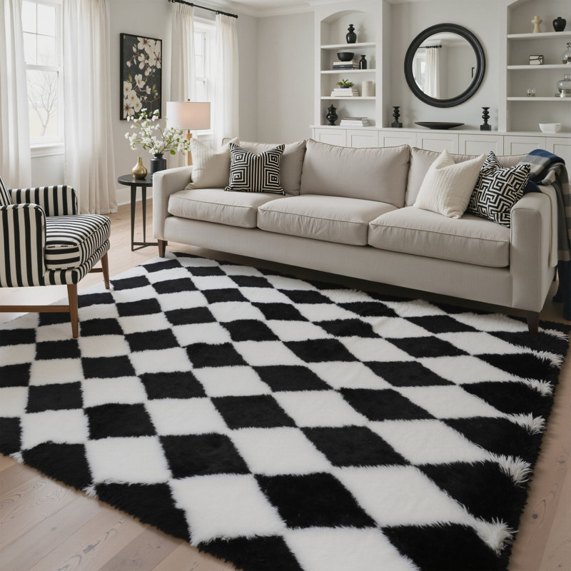 Black Machine-Washable Checkered Shag Area Rug, Rectangle 5' x 7'