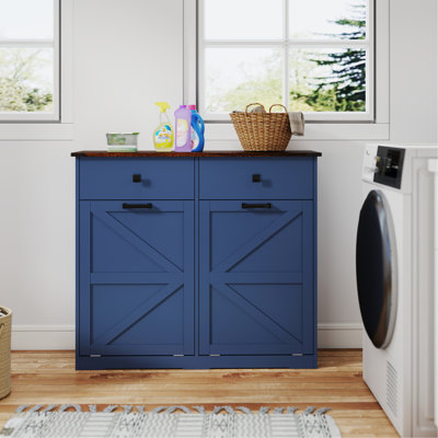 20 Gallon Blue Recycling Cabinet, Space - Saving And Hidden In Office, Barn Door Style With Smooth Hinges 2 Storage Drawers Double Trash Cabinet For Capacity, Odor , Elegant Metal Handles