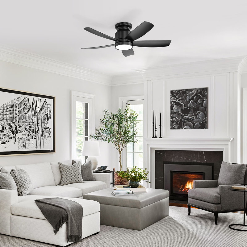 42 Inch Flush Mount Ceiling Fans With LED Light 22W And Remote Control 5 ABS Fan Blades For Bedroom, Black