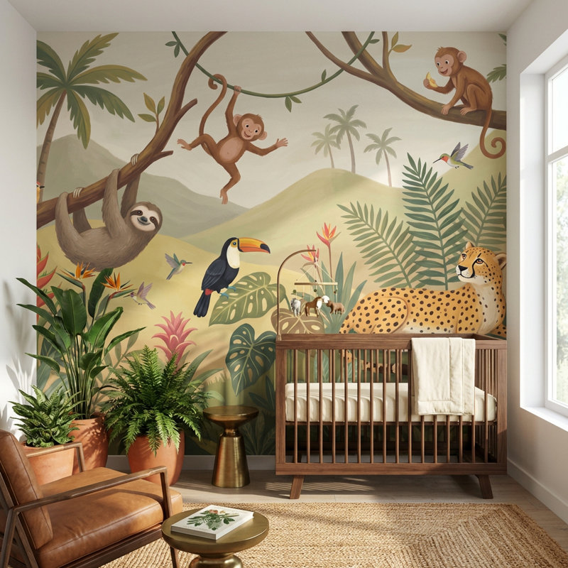 Papier peint jungle animaux tropicaux, 120" x 96", Peler et coller