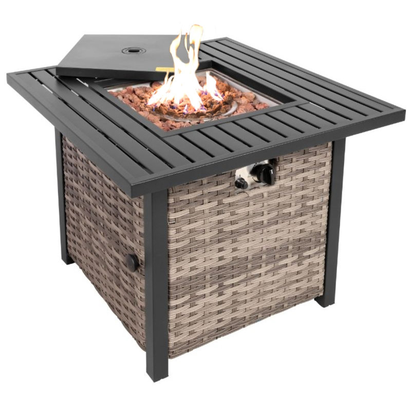 Madielynn 25'' H x 30'' W Outdoor Propane Fire Pit Table 50,000 BTUs with Lava Rocks & Lid