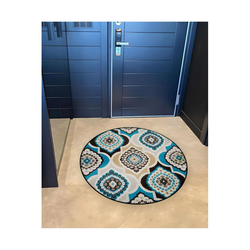 Beige Blue Ethnic Detailed Woven Base Modern Decorative Carpet, Round 2'8"
