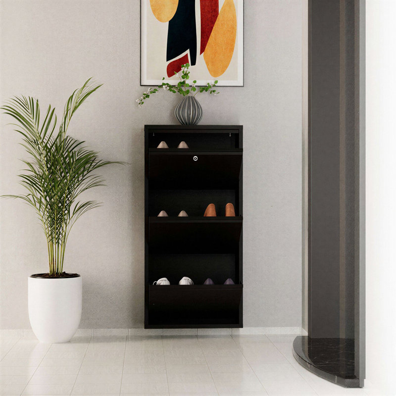 Armoire à chaussures moderne en métal, noir | Fabrication 100% métal avec une épaisseur de 0,03 po | Conception murale avec portes à ouverture centrale et supports magnétiques | Solution de rangement élégante pour le vestibule