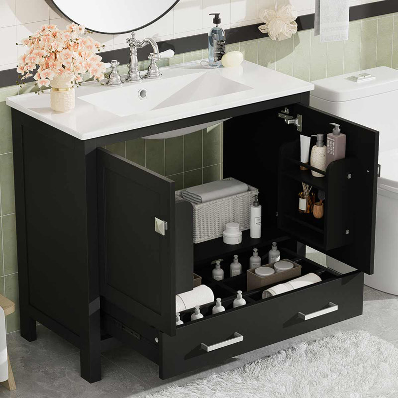 Meuble-lavabo moderne 36 "avec lavabo en céramique et tiroir divisé, Noir