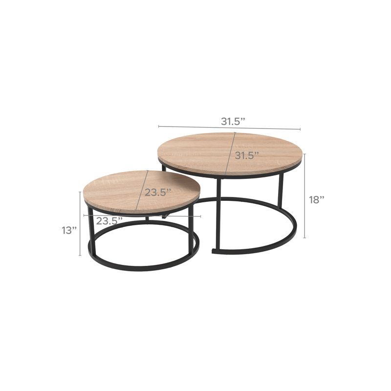 Ensemble de tables basses gigognes 2 pièces, tables basses modernes en placage de bois avec pieds en métal noir, tables de salon peu encombrantes