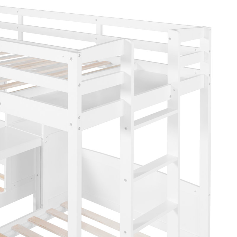 Lit superposé simple au-dessus de simple avec bureau intégré, tablettes de rangement et lampe de lecture à DEL, blanc, Blanc