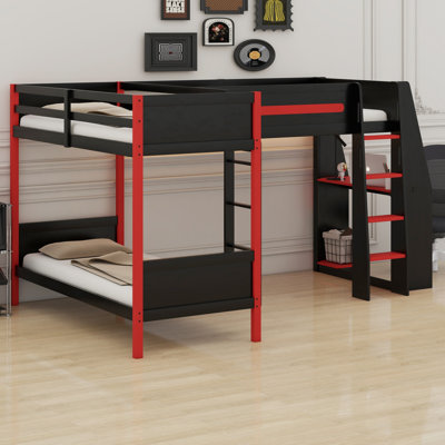 Lit superposé en L avec lit mezzanine, bureau intégré, tablettes et DEL