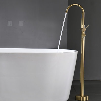 Freestanding Tub Faucet With Handheld Spray In Gold - Floor Mount, Curved Shape, Ceramic Filler Brushed Detachable Shower Handle, Classic Look,