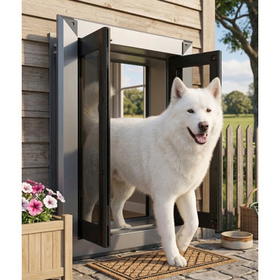 Porte pour animaux robuste à fixation murale pour grands chiens, deux panneaux de verrouillage coulissants, gris fumé