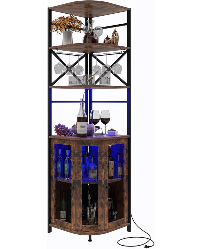 Rustic Brown Industrial Corner Wine Bar Cabinet with LED Lights