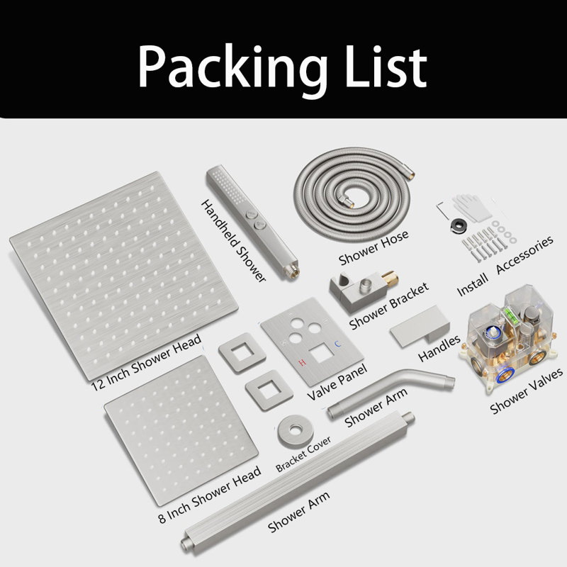Ceiling Mount 12 Inch Shower Head With Wall Mount 6 Inch Shower Head And 2 In 1 Handheld Spray, Brushed Nickel