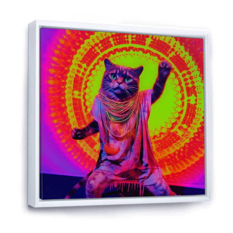 Chat Rave en néon rose - imprimé, H 24 po x l 24 po x P 1 po, Cadre flottant blanc