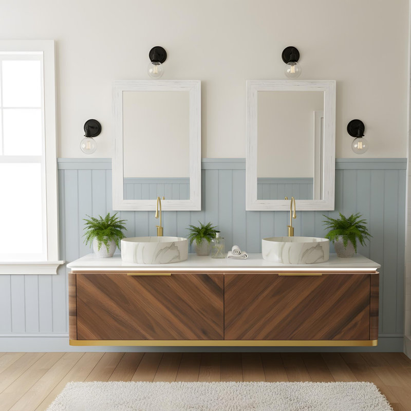 Meuble-lavabo mural 60 po avec tiroirs et vasques rondes blanches, 60"
