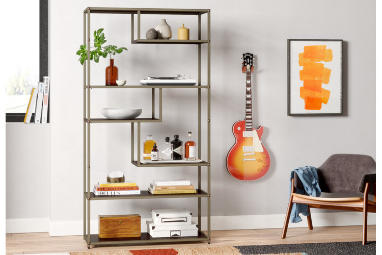 geometric bookshelf in modern room