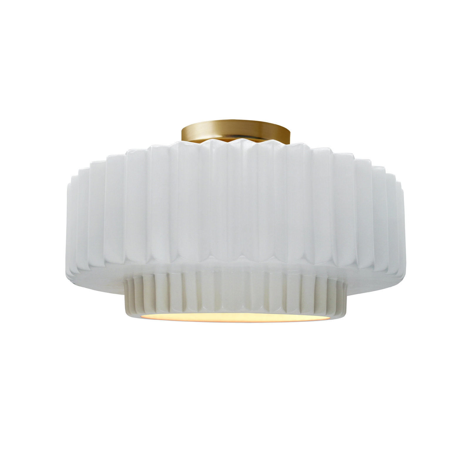 Single Light Ceramic LED Semi Flush Mount, 7.25" H x 14.5" W x 14.5" D, Brushed Brass, Gloss White/Gloss White
