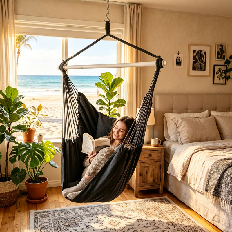Hammock Hanging Swing Chair with 2 Cushions, Cotton Canvas Hammock Seat Equipped with Metal Bar & Hanging Kit, 150kg Load Capacity, Indoor Outdoor Chair for Garden Bedroom Balcony Patio