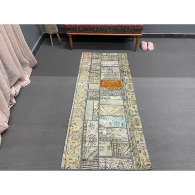 Modern Patchwork Wool Rug, 31.1x74.8 Inch Beige Accent Rug