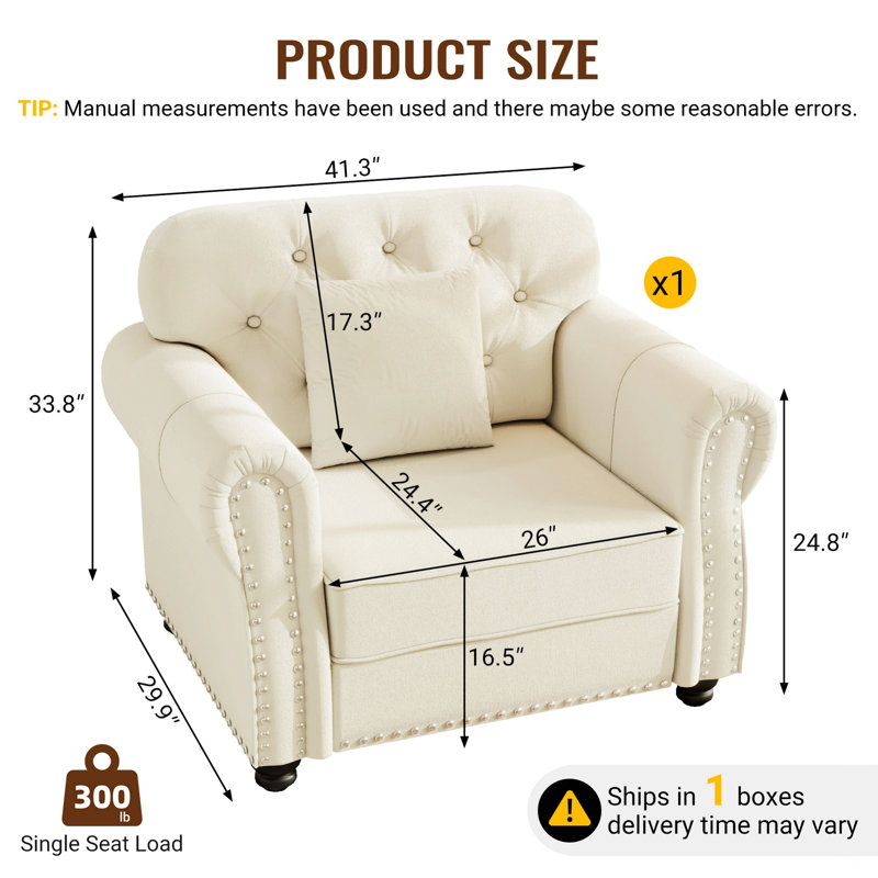 Chaise rembourrée avec garniture cloutée, fauteuil Chesterfield capitonné, 1 oreiller, Velours beige, Non