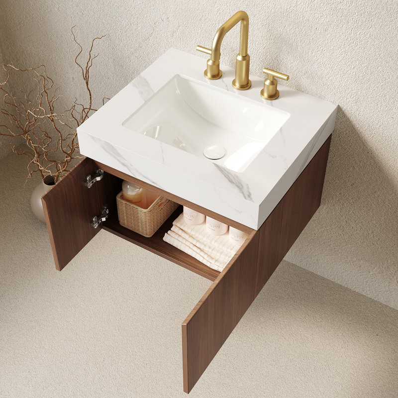 Meuble-lavabo mural 30 po avec comptoir en pierre frittée et lavabo en céramique Muri, Chêne brun, 30", Beige