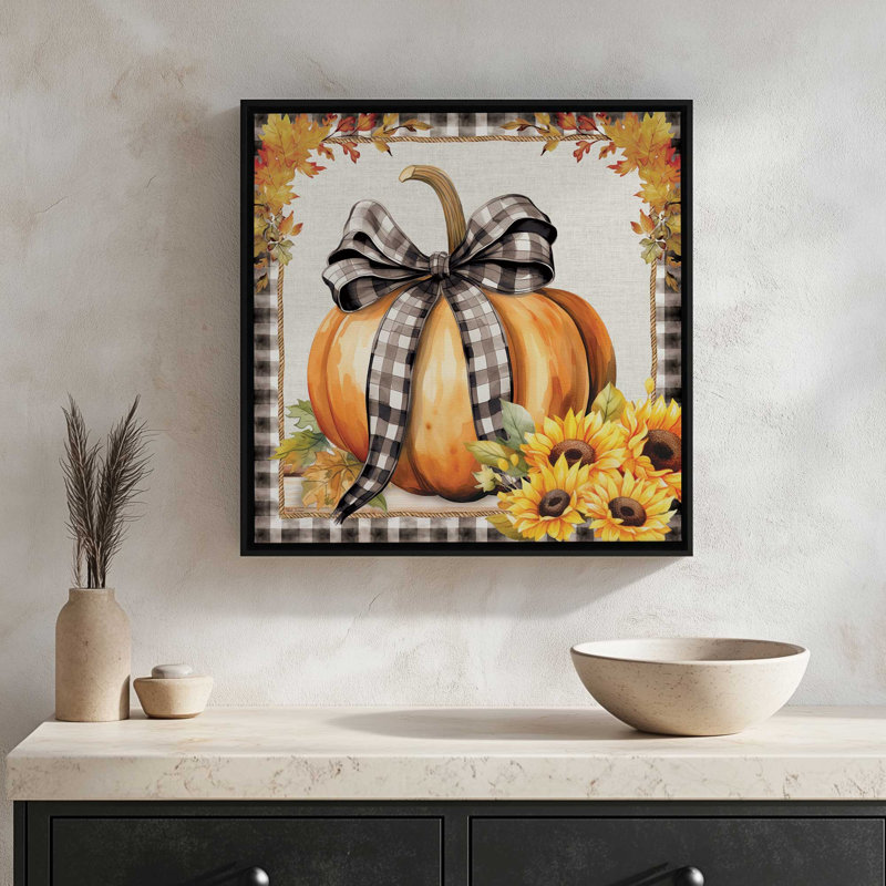 «Fall Ribbon Pumpkin» par Nicole DeCamp, reproduction d'art, L 30 po x H 30 po, Brun, Toile avec cadre