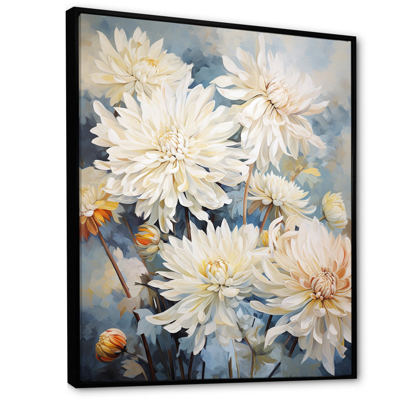 «Beige Mums In Bouquet Bliss I», reproduction sur toile, Cadre flottant noir, 32" H x 16" W