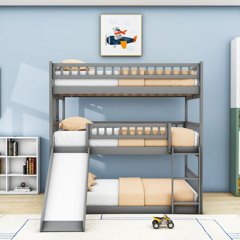 Elester Full Over Full Over Full Wooden Triple / Quad Bunk Bed with Slide, Gray