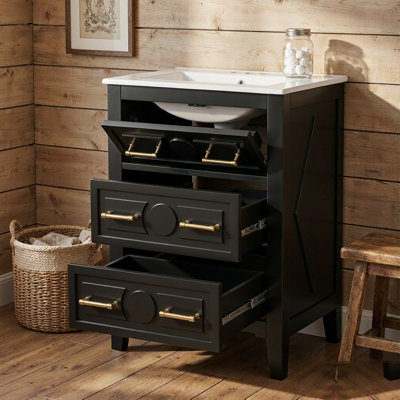 Ensemble de meuble-lavabo simple 24 po avec lavabo en céramique 24 po et 3 tiroirs, noir