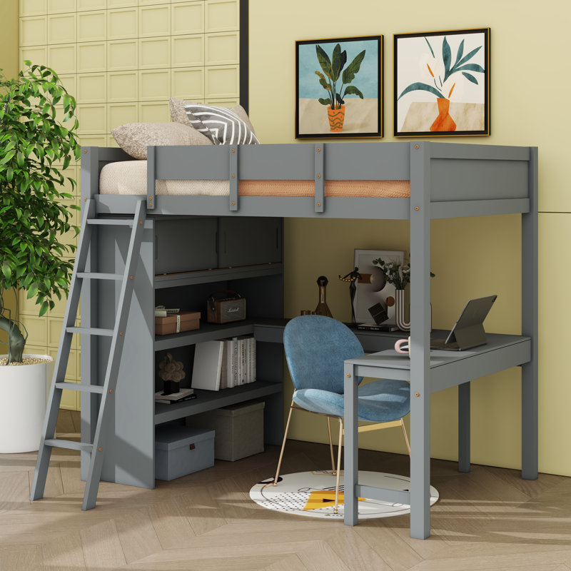  Lit mezzanine avec bureau et tablette Johnnette, gris