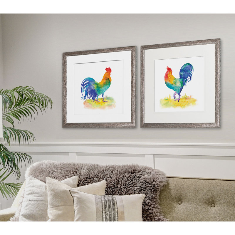 Country Rooster I, ensemble de 2 reproductions encadrées, Cadre brun