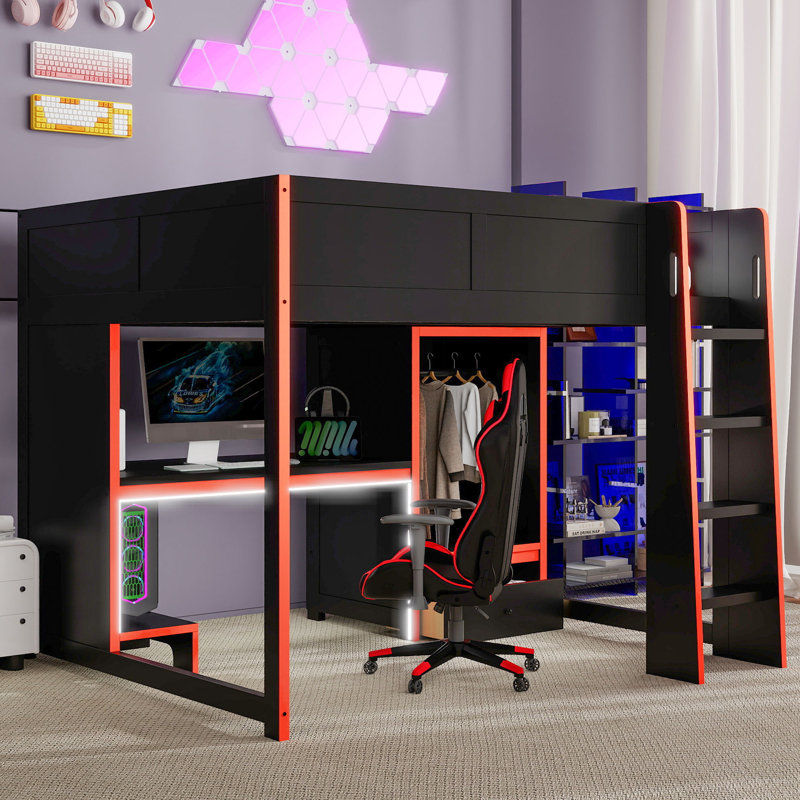 Lit mezzanine en bois avec bureau intégré, lumières DEL et rangement, Double