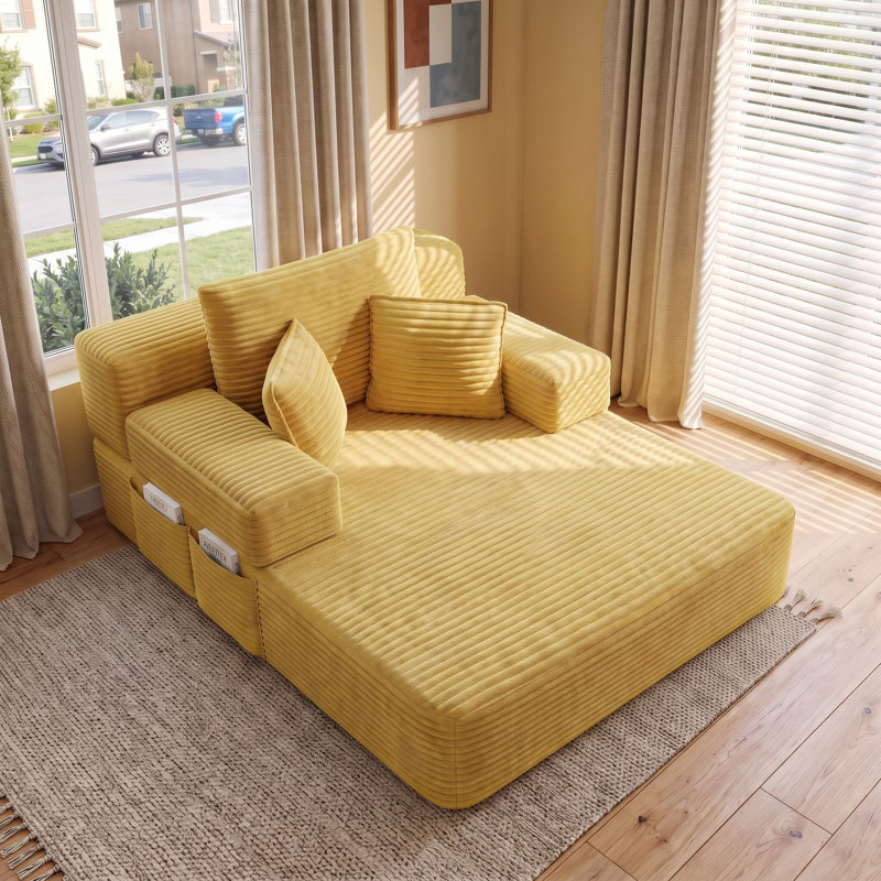 Canapé-lit convertible avec poche de rangement et coussins, 54 po de largeur, Yellow