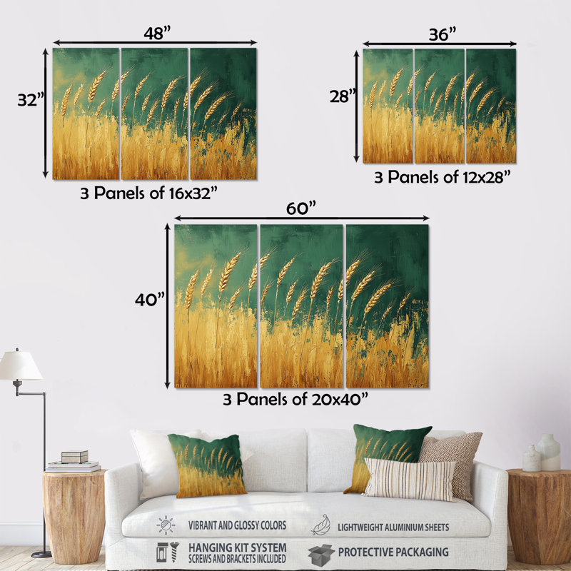 Ensemble de salon Green Gold Wheat Fields III - Farm Wall Art, Métal métal, H 40 po x l 60 po x P 1 po