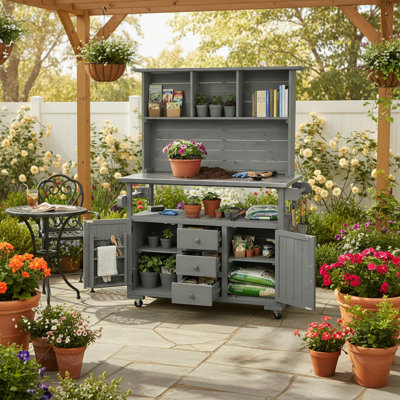 Solid Fir Wood Outdoor Potting Bench With Wheels