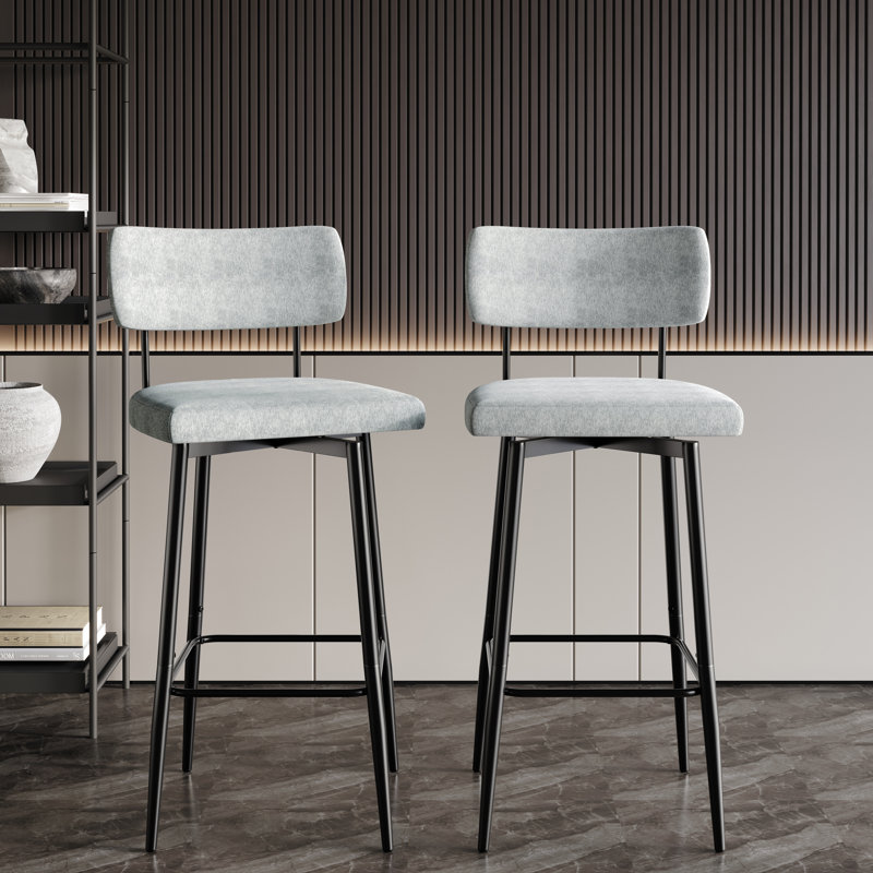 BLACK METAL SWIVEL COUNTER CHAIR IN LIGHT GREY CHENILLE, Light Grey