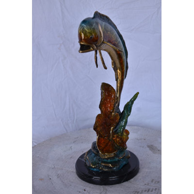 Dorado Or Mahi Mahi With Coral Bronze Statue - Size: 5"L X 10"W X 19"H