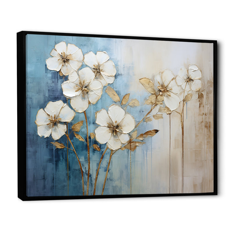 " Golden Blue Geraniums Bloom ", Black Floater Framed, 34" H x 44" W x 1.5" D