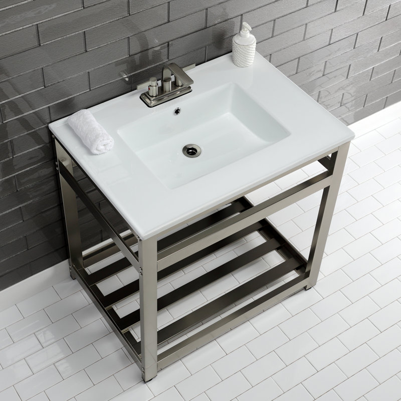 Lavabo de salle de bain console en céramique avec trop-plein, 4" Centres, Blanc / nickel brossé