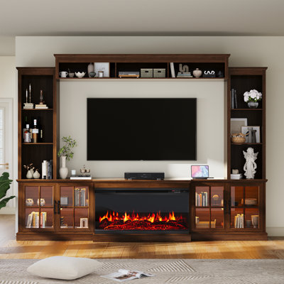 98" Tv Stand With Electric Fireplace, Large Entertainment Center For 70" Tvs, Tv Console With Charging Station, Cable Holes, Adjustable Shelves & Glass Doors, Brown