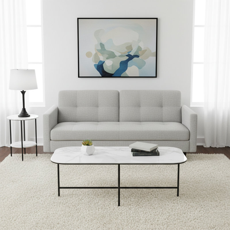 Modern Rectangular Marble-Look Ceramic Top Coffee Table with Black Metal Cross Base