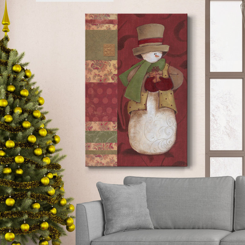 Patchwork bonhomme de neige sur toile tendue avec châssis - prêt à accrocher, H 12 po x l 8 po x P 1 po