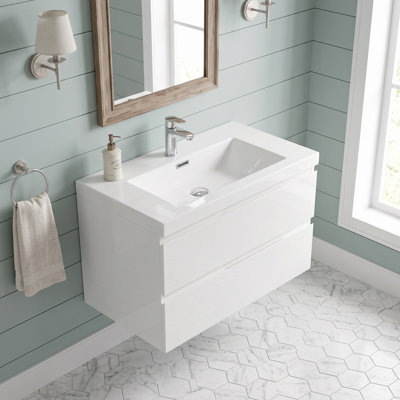 Meuble-lavabo mural en mélamine de bois de 76 cm (30 po), blanc brillant, résistant à l'usure, aux égratignures et à la porosité, surface facile à nettoyer, préassemblé.