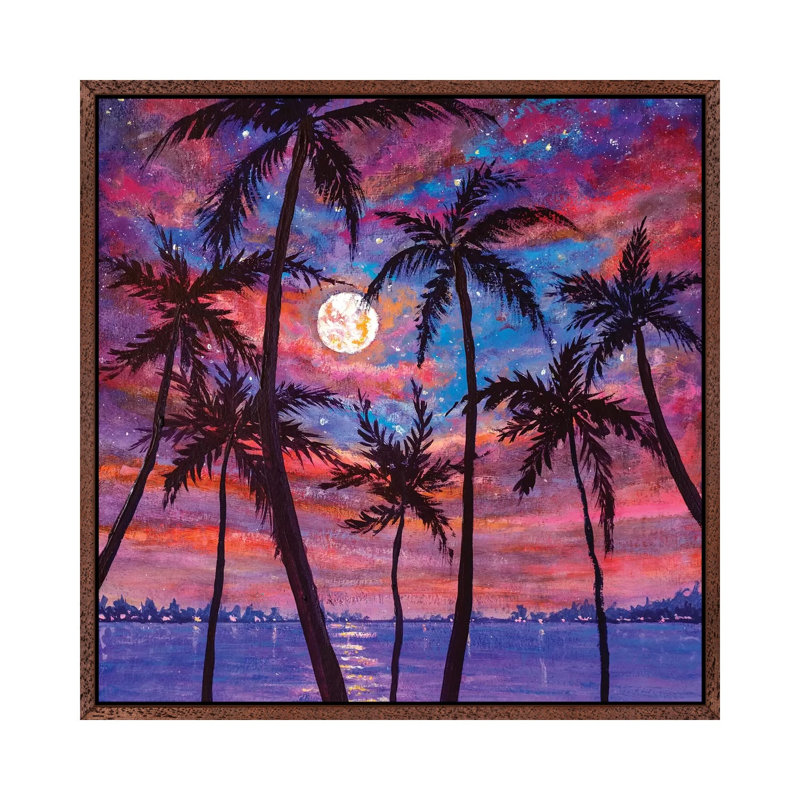 Beautiful Relaxing Landscape: Palm Trees, Pink Purple Sunset Over Sea And Large Moon by Valery Rybakow - Painting on Canvas