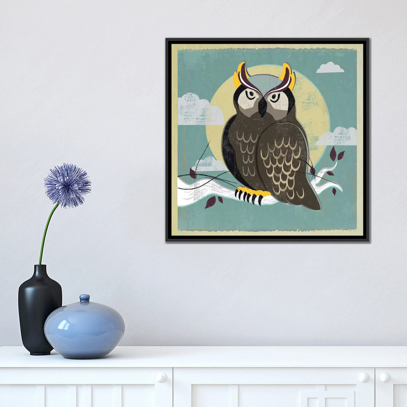 «Perched Owl», reproduction sur toile, H 26 po x l 26 po x P 1,5 po, Toile avec cadre flottant noir, Pas de tapis